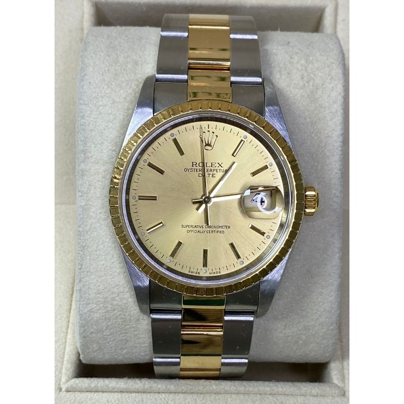 Rolex Date 15223 34mm Champagne Dial Index Markers Two-tone Stainless ...